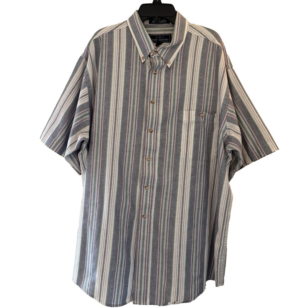 John Ashford XL Wrinkle Free Oxford Shirt Striped Short Sleeve Button Front Men